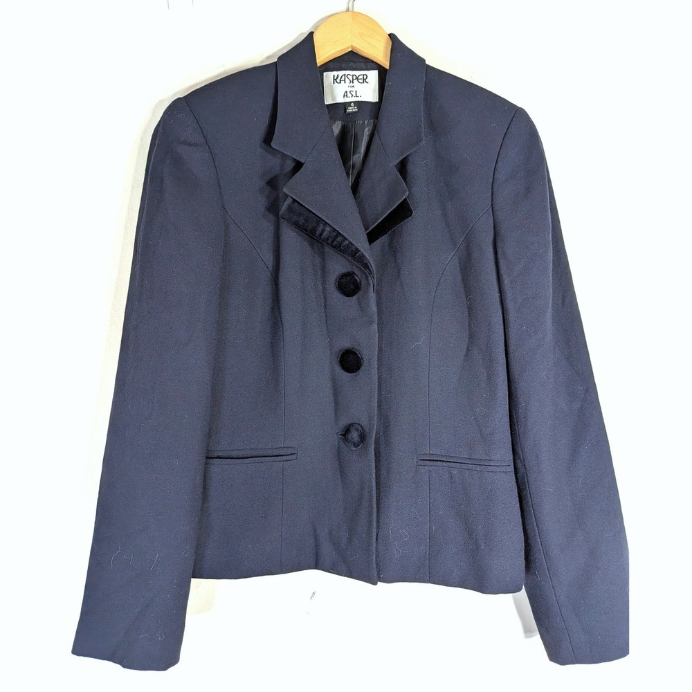 Kasper Navy Blazer; Velvet Trim, 3-Button, Vintage 90s